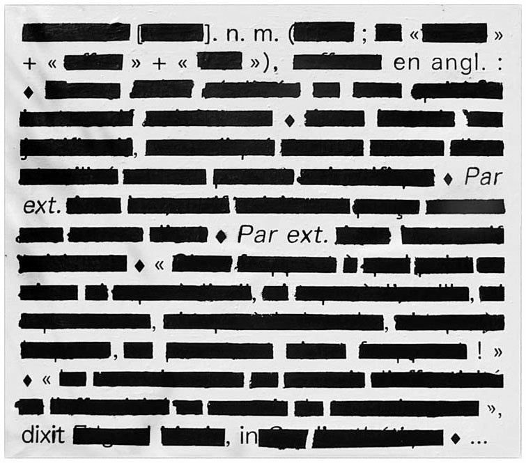 Description de l'image par IA : Image en noir et blanc avec du texte partiellement effacé, montrant des mots comme "n. m.", "en angl.", "Par ext.", et "dixit".