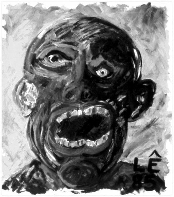Description de l'image par IA : Visage stylisé en noir et blanc avec des yeux exagérés et une bouche ouverte, signé LÊ en bas à droite.