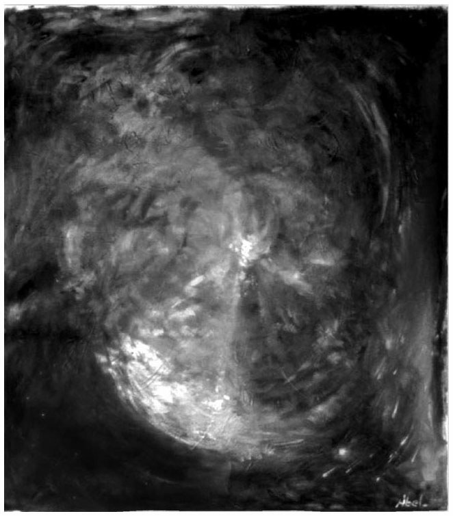 Description de l'image par IA : Peinture abstraite en noir et blanc avec des formes tourbillonnantes et des nuances de gris.