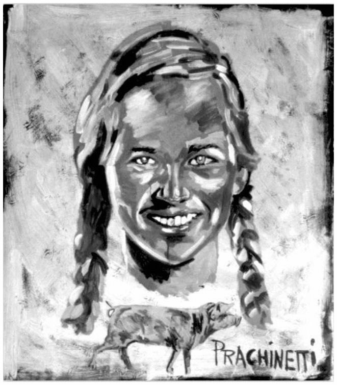 Description de l'image par IA : Portrait en noir et blanc d'une femme souriante aux cheveux tressés, avec un cochon en bas.