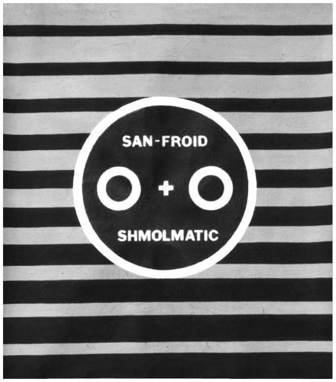 Description de l'image par IA : Cercle noir avec yeux et signe plus, sur fond rayé noir et blanc. "SAN-FROID" en haut, "SHMOLMATIC" en bas.
