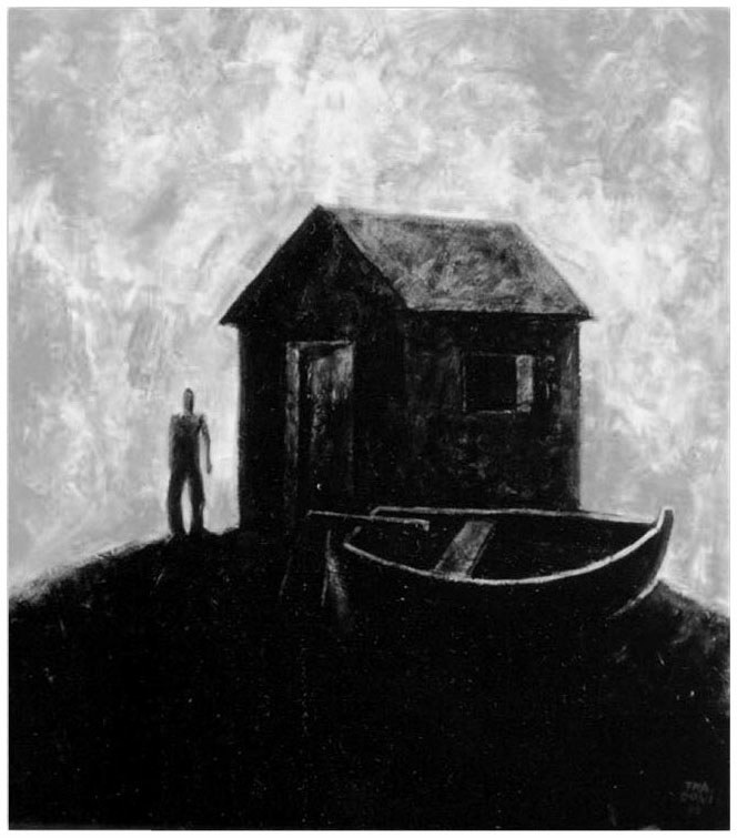 Description de l'image par IA : Homme devant cabane et bateau, ciel nuageux.
