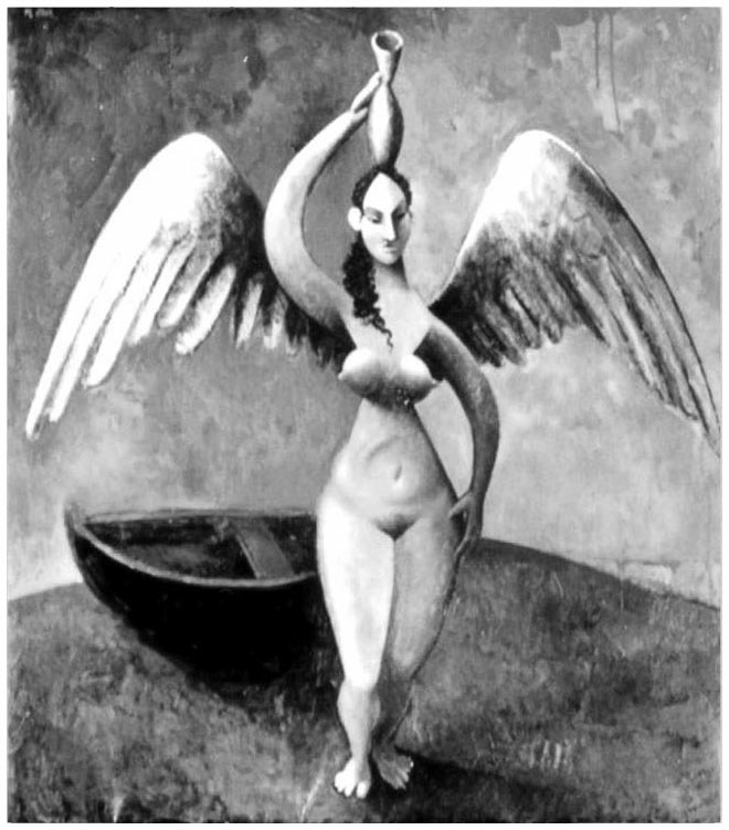Description de l'image par IA : Femme ailée tenant une lampe, debout près d'une barque.