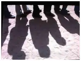 Description de l'image par IA : Ombre de plusieurs personnes marchant sur le sable.