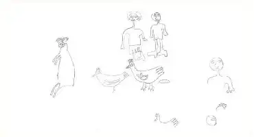 Description de l'image par IA : Dessin avec des personnages et des oiseaux simples, un enfant, des adultes et des formes géométriques.