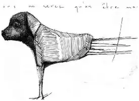 Description de l'image par IA : Dessin stylisé d'un oiseau avec des traits épais et des hachures, en position verticale.