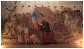Description de l'image par IA : Fresque avec plusieurs personnages, certains en tenue traditionnelle, dans une scène animée.