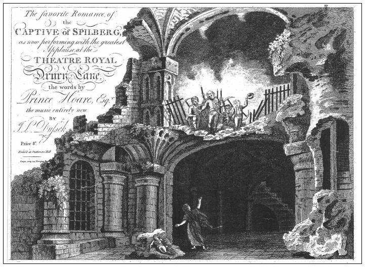 Description de l'image par IA : Illustration en noir et blanc d'une scène de théâtre avec des personnages en costume.