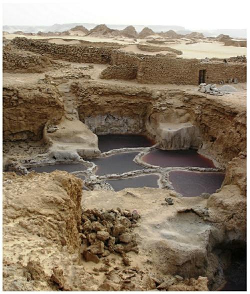 Description de l'image par IA : Puits de sel dans un désert, avec plusieurs bassins d'eau colorée.
