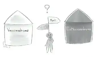 Description de l'image par IA : Deux maisons, l'une étiquetée "Vaccinodrome", l'autre "Euthanasodrome". Une personne hésite entre les deux.