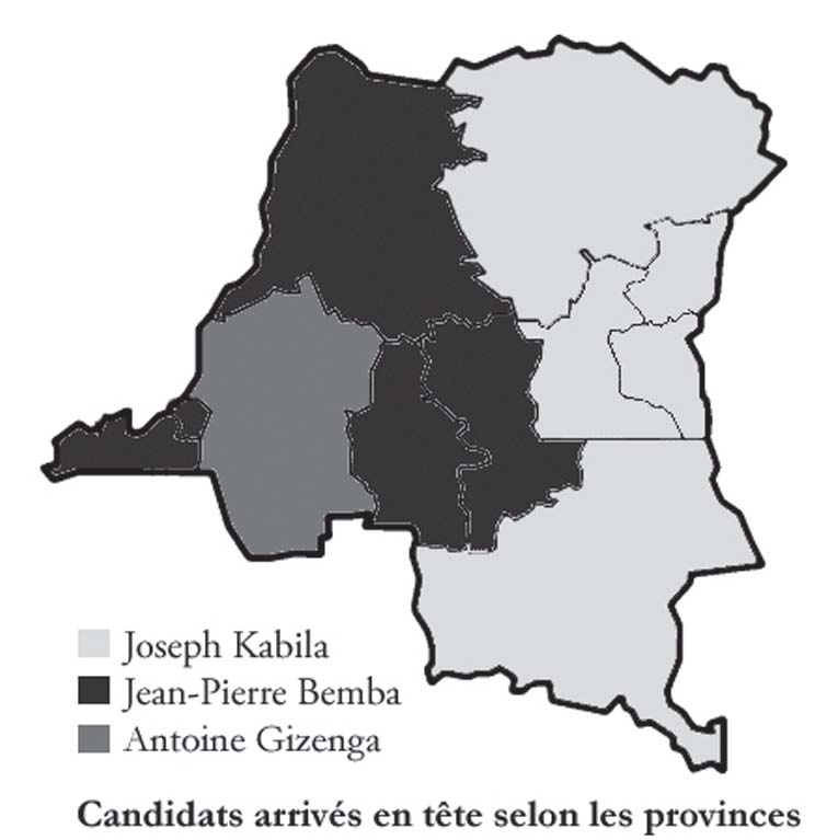 Description de l'image par IA : Carte des provinces congolaises par candidats pour l'élection présidentielle 2006.