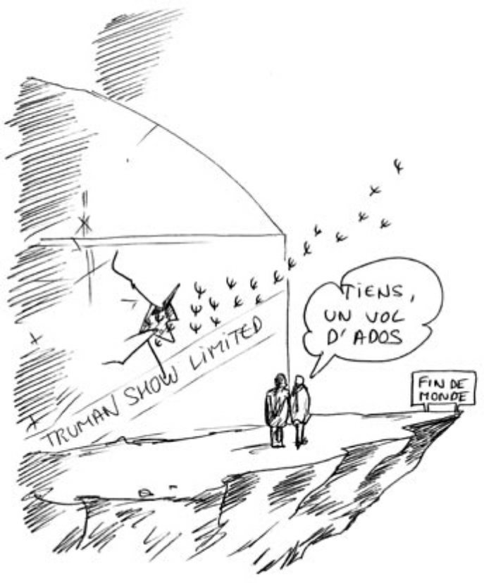 Description de l'image par IA : Deux personnes devant un bâtiment avec un avion et un texte en français.