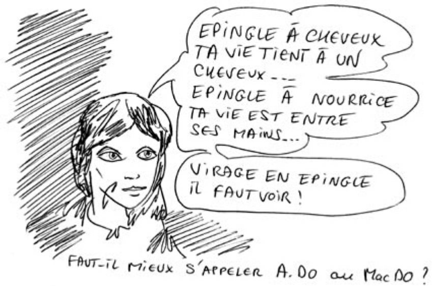 Description de l'image par IA : Dessins d'une personne avec des bulles de texte en français. Les bulles contiennent des phrases sur des sentiments et des actions.