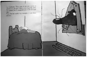 Description de l'image par IA : Un enfant allongé sur un lit, tête cachée sous la couverture, à côté d'une grande chaussure suspendue.