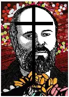 Description de l'image par IA : Homme barbu avec une croix sur le visage, fond coloré.