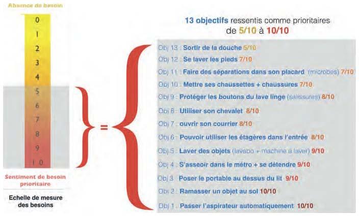 Description de l'image par IA : Échelle des besoins avec 13 objets prioritaires, évaluation de l'absence et du sentiment de besoin, liste des objets avec scores.