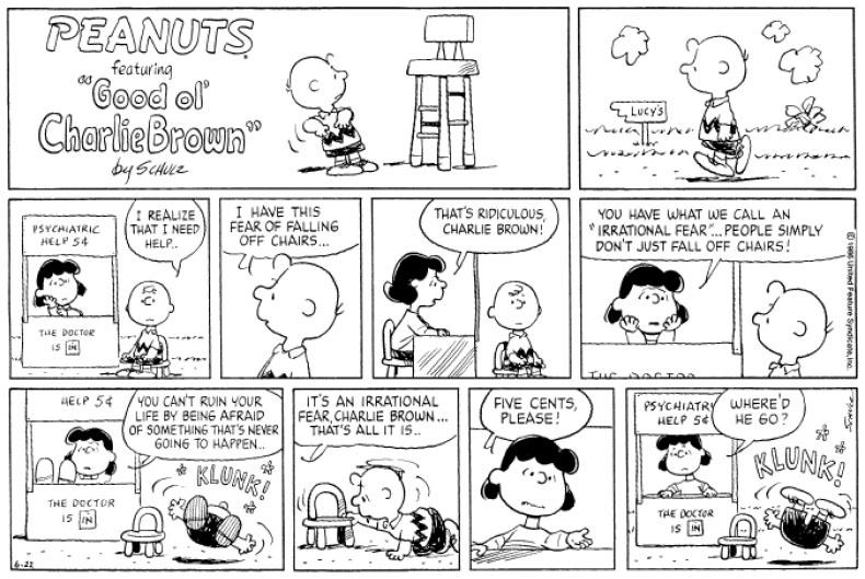 Description de l'image par IA : Bande dessinée avec Charlie Brown et ses amis discutant de peurs irrationnelles.