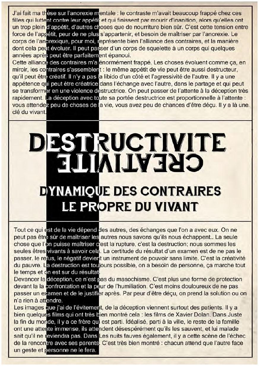 Description de l'image par IA : Texte en français avec contraste noir et blanc, titres gras, discussion sur l'anorexie mentale, la création et la destruction.