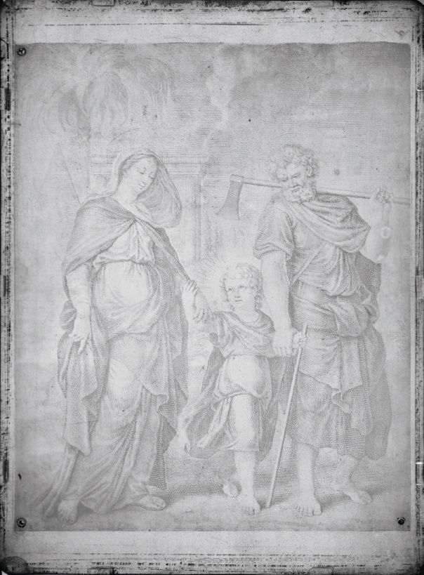 Description de l'image par IA : Trois figures, deux adultes et un enfant, debout. L'adulte à gauche tient l'enfant, l'adulte à droite tient un bâton.