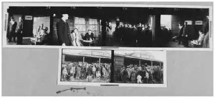 Description de l'image par IA : Groupe de personnes dans une pièce, certaines assises, d'autres debout. Une autre photo montre une foule plus grande dehors.