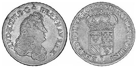 Description de l'image par IA : Deux faces de pièces de monnaie anciennes avec des inscriptions et des armoiries.