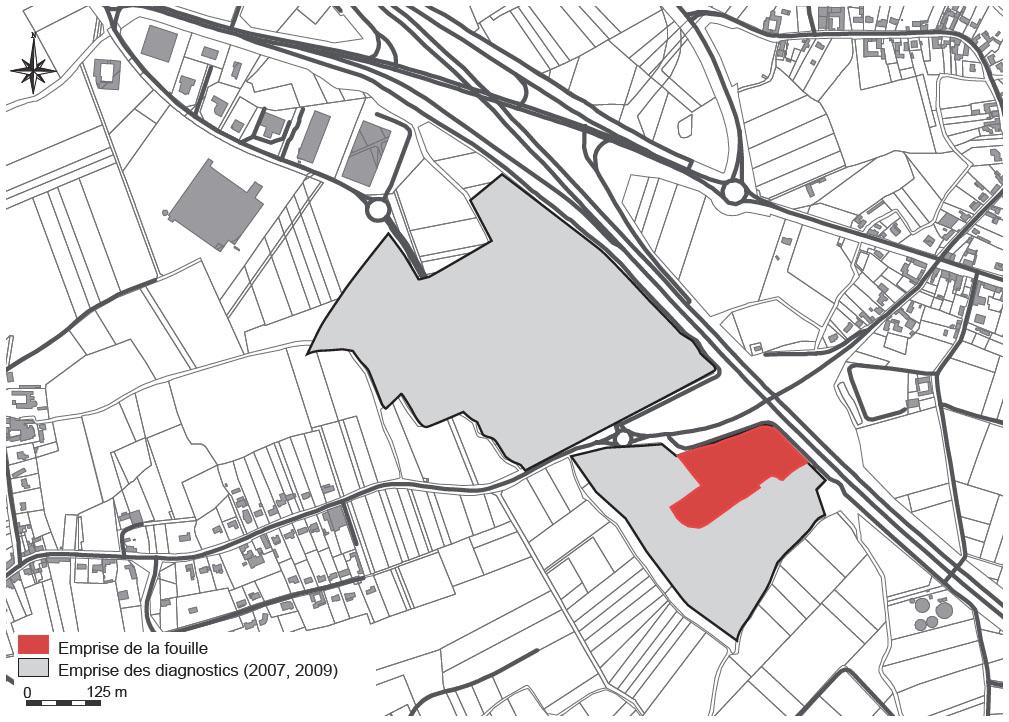 Description de l'image par IA : Carte urbaine avec zones de fouilles archéologiques et diagnostics.