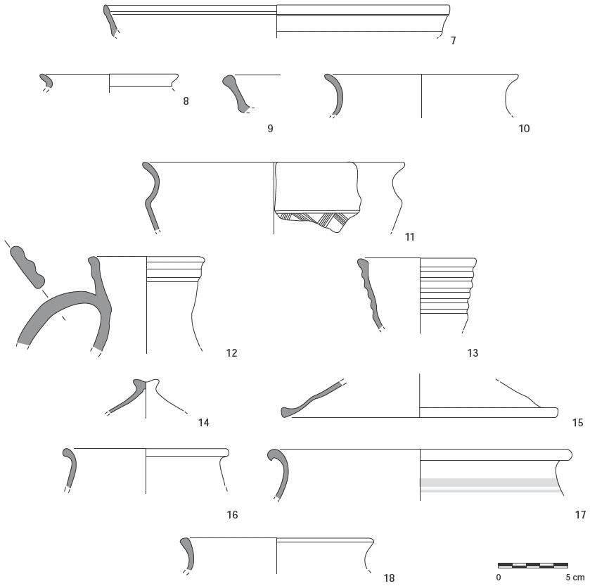 Description de l'image par IA : Dessins de céramiques variées avec mesures et formes distinctes.