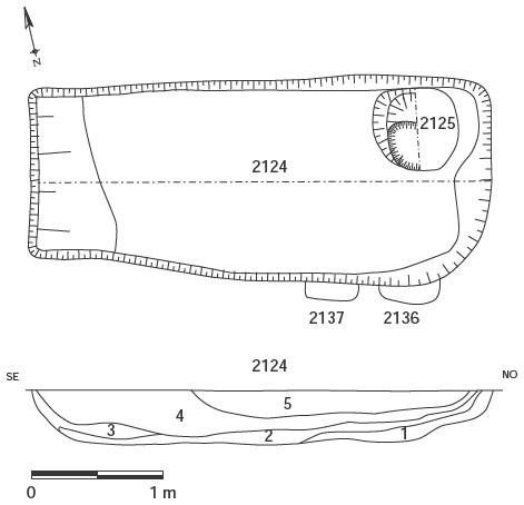 Description de l'image par IA : Plan et coupe d'une cabane excavée avec numéros de sections et niveaux.