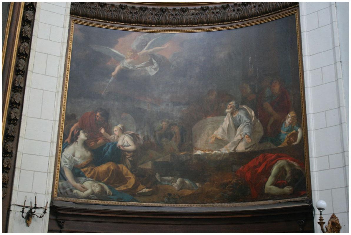 Description de l'image par IA : Peinture religieuse avec David offrant sa vie, ange volant, personnages en robes colorées.