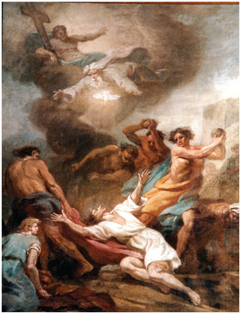 Description de l'image par IA : Drame biblique avec saint Étienne allongé, entouré de figures l'entourant, certaines le lapidant, d'autres en pleurs, sur fond nuageux.