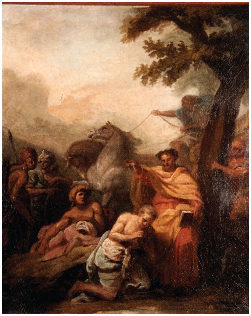 Description de l'image par IA : Homme en robe orange baptise un homme nu agenouillé, entouré de plusieurs personnes et d'un cheval sous un arbre.