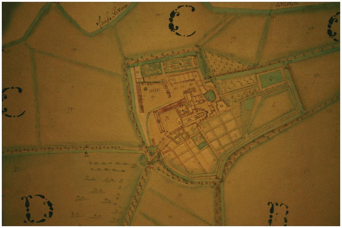 Description de l'image par IA : Plan détaillé de l'abbaye d'Anchin, 1772, Douai. Bâtiments et espaces clairement délimités.