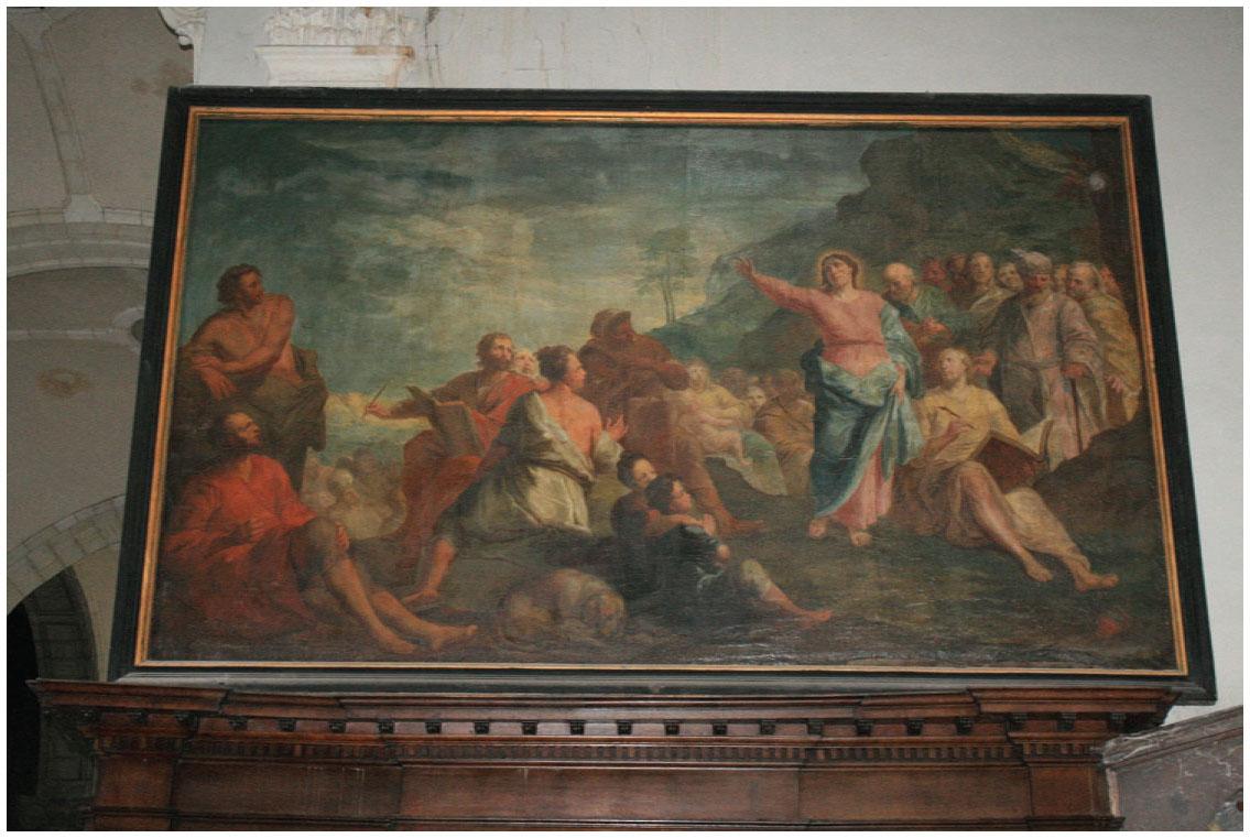 Description de l'image par IA : Peinture représentant Jésus prêchant dans le désert, entouré de nombreux disciples, sur toile, cadre en bois.