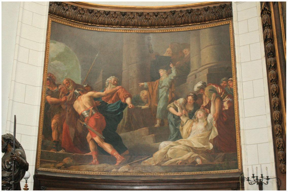 Description de l'image par IA : Peinture représentant Suzanne libérée de ses fers par David, scène biblique avec plusieurs personnages.