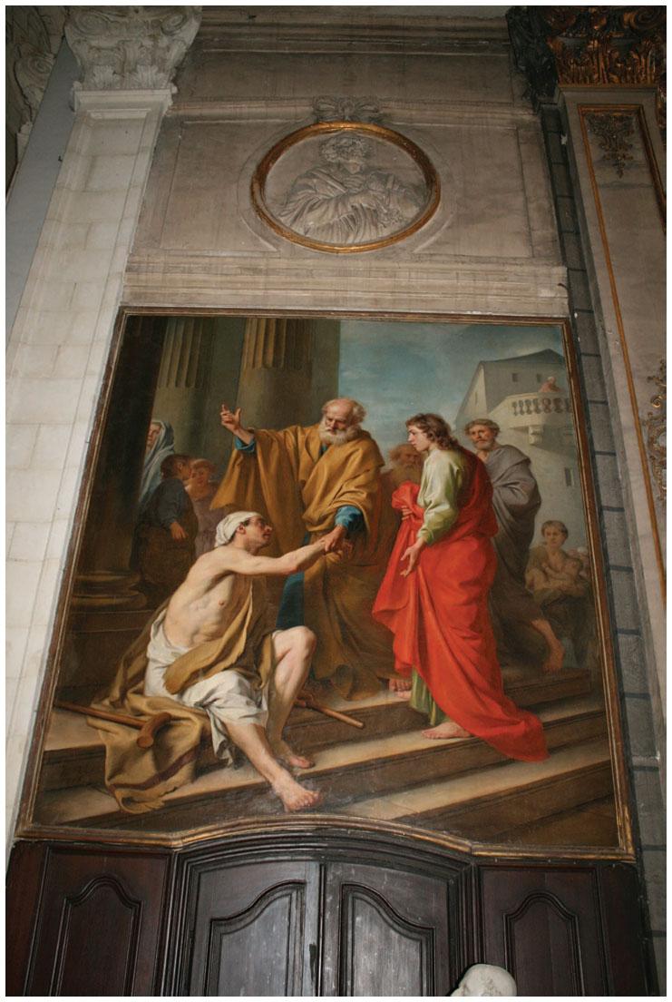 Description de l'image par IA : Peinture représentant Saint Pierre guérissant un paralytique. Figures en robes, scène religieuse avec plusieurs personnages.