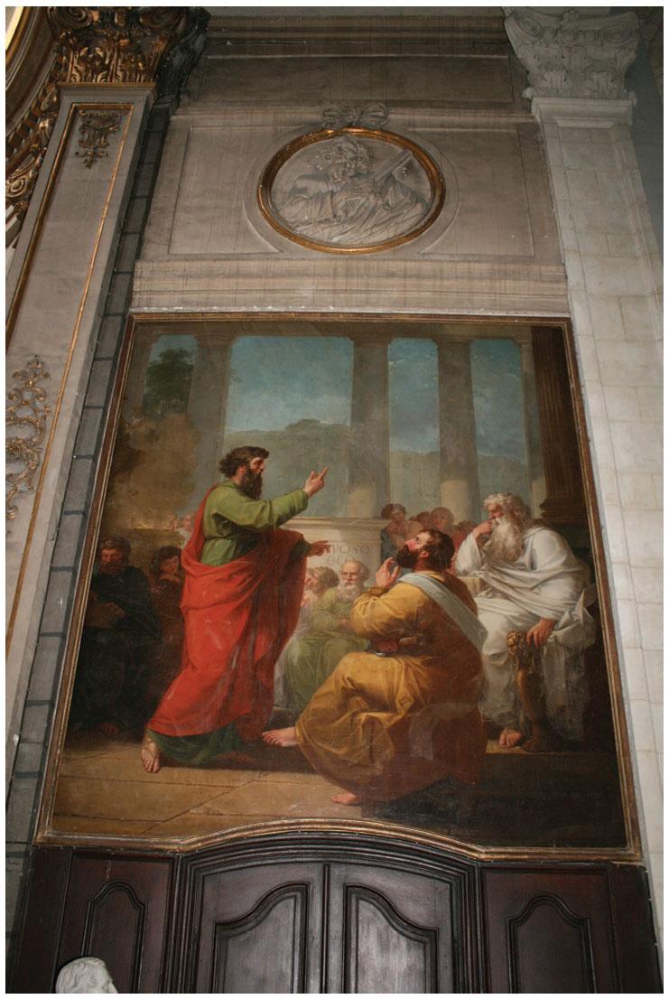 Description de l'image par IA : Peinture représentant Saint Paul débarquant sur l’île de Malte, entouré de plusieurs personnes, dans une église.