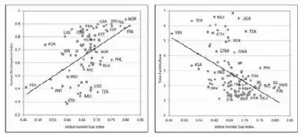 Description de l'image par IA : Two scatter plots comparing Gender Gap Index with Human Development Index and Total Fertility Rate in 2006.