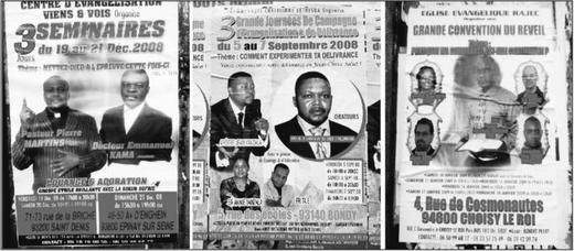 Description de l'image par IA : Trois affiches publicitaires en noir et blanc avec des textes et des images de personnes.