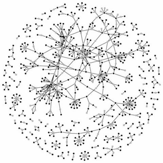 Description de l'image par IA : Dessin complexe de points et de lignes interconnectés en cercles.