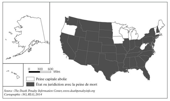 Description de l'image par IA : Carte des États-Unis montrant les États avec et sans peine de mort en 1972.