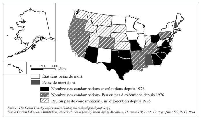 Description de l'image par IA : Carte des États-Unis montrant la situation de la peine de mort par État en 1976.