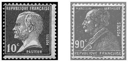 Image description generated by AI: Two black and white postage stamps with portraits.