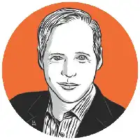 Description de l'image par IA : Portrait d'un homme aux cheveux blonds, portant une veste et une chemise à rayures, sur fond orange.