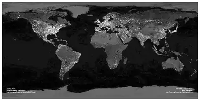 Description de l'image par IA : Carte nocturne de la Terre avec disparités d'éclairage, montrant des régions peu éclairées en raison du manque d'électricité.
