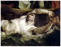 Description de l'image par IA : Homme nu allongé, soutenu par un bras, sur fond sombre.