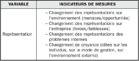 Table avec deux colonnes : "Variable" et "Indicateurs de mesures". Contient des descriptions sous "Représentation".