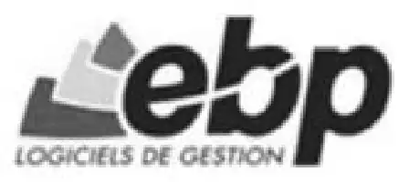 Description de l'image par IA : Logo noir et blanc avec les lettres "ebp" stylisées et "logiciels de gestion" en dessous.
