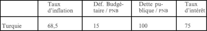 Description de l'image par IA : Tableau avec quatre colonnes: Taux d'inflation, Déf. Budgétaire/PNB, Dette publique/PNB, Taux d'intérêt. Valeurs pour la Turquie.