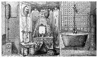 Description de l'image par IA : Salle de bain avec baignoire, meuble à toilette, miroir et divers objets.