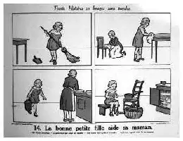 Description de l'image par IA : Quatre cases montrant une petite fille aidant sa mère à faire le ménage : balayer, ranger, nettoyer, et s'asseoir ensemble.